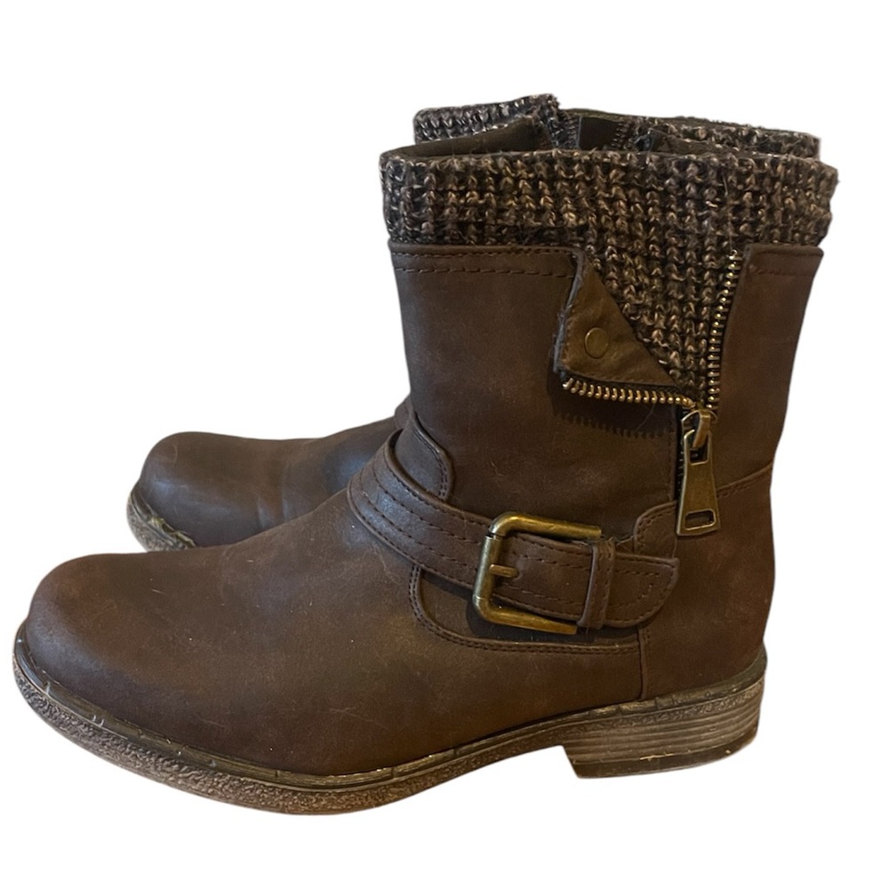 Brown Faux Leather Mid Calf Ankle Moto Boots